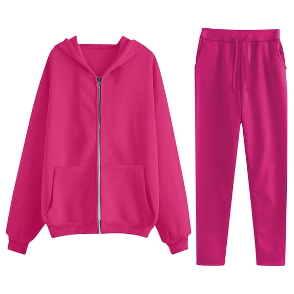 Costeam Womens Full Zip Hoodie 2 Piece Loungewear Set Front Hand Pockets Drawstring Elastic High Waist Straight Leg Solid Color Casual Tracksuit Outfit
