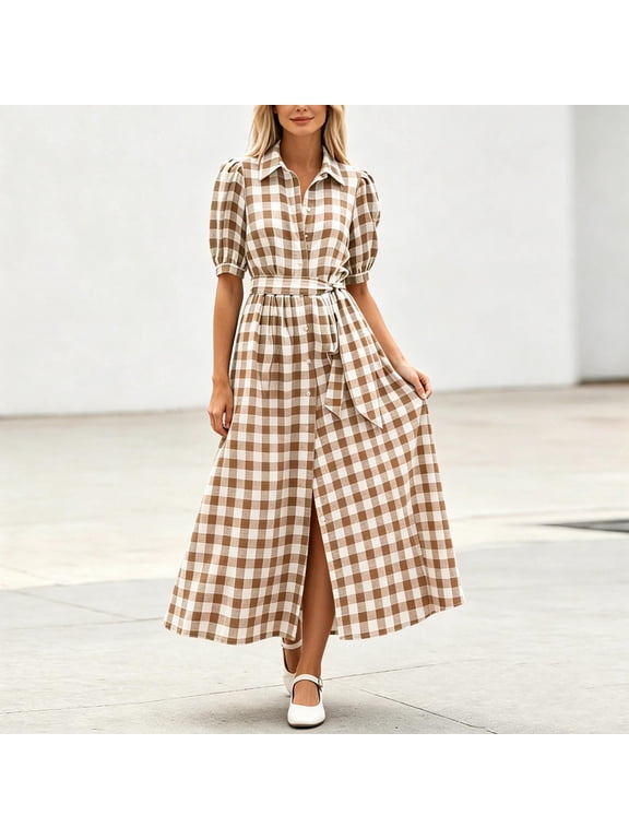 Womens Gingham Plaid Collared Puff Short Sleeve Midi Dress Front Button Down Self Tie Belt Waist Side Slit Flowy Casual Woven Shirt Sundress