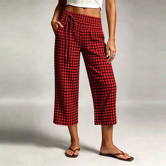 Costeam Womens Gingham Plaid Drawstring High Waist Cropped Wide Leg Capri Pants Dual Side Hand Pockets Lightweight Woven Loose Flow Casual Everyday Trousers