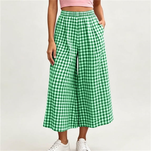 Costeam Womens Gingham Plaid Elastic High Waist Cropped Wide Leg Capri Pants Dual Side Inset Hand Pockets Soft Lightweight Knit Loose Fit Summer Casual Trousers