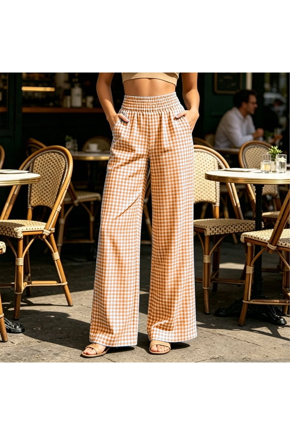 Womens Gingham Plaid Full Length Wide Leg Pants Dual Side Inset Hand Pockets Gathered Elastic High Waist Loose Flow Lightweight Woven Casual Palazzo Trousers