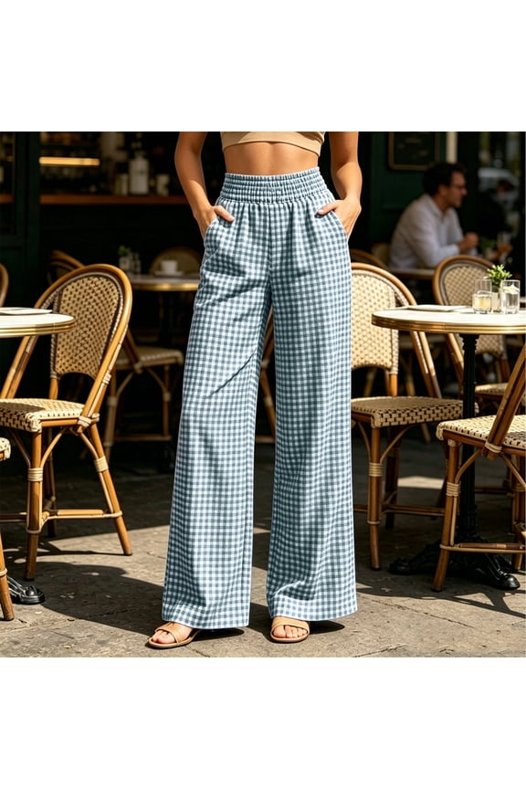 Womens Gingham Plaid Full Length Wide Leg Pants Dual Side Inset Hand Pockets Gathered Elastic High Waist Loose Flow Lightweight Woven Casual Palazzo Trousers