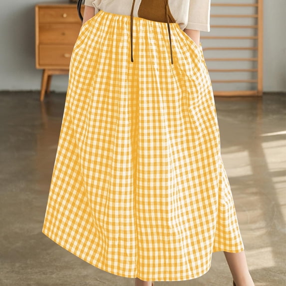 Costeam Womens Gingham Plaid Midi Skirt Elastic Waist with Side Pockets Flowy A Line Casual Summer Beach Multi Color Skirts
