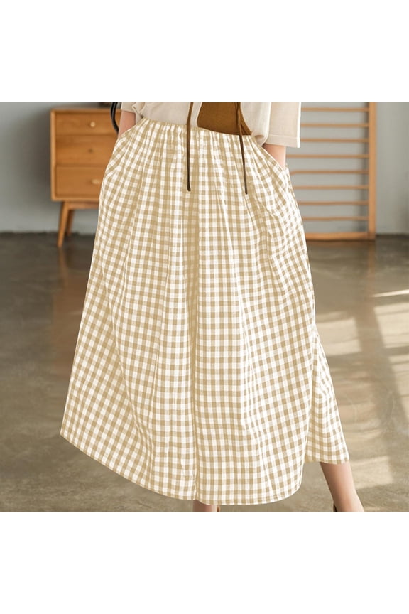 Womens Gingham Plaid Midi Skirt Elastic Waist with Side Pockets Flowy A Line Casual Summer Beach Multi Color Skirts