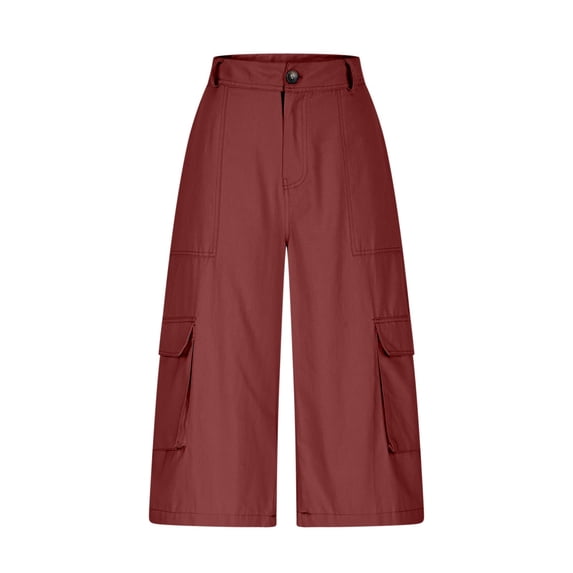 Costeam Womens H Line Cargo Capri Pants Solid Color High Waist with Stitched Functional Side Pockets Straight Fit Lightweight Durable Casual Cropped Trousers Fashion Bottoms