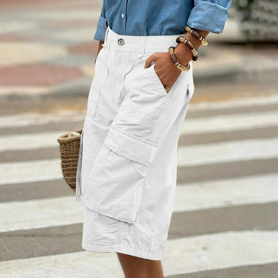 Costeam Womens H Line Cargo Capri Pants Solid Color High Waist with Stitched Functional Side Pockets Straight Fit Lightweight Durable Casual Cropped Trousers Fashion Bottoms