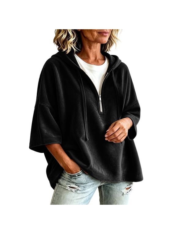 Womens Half Zip Hoodie Short Sleeve Sweatshirt Drop Shoulder Drawstring Hooded Pullover Oversized Loose Fit Summer Fall Casual Top Solid Color Cozy Everyday Wear
