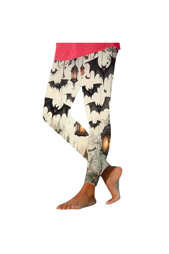 Womens Halloween Bat Vintage Lantern Gothic Print Stretch Leggings High Waist Slim Fit Soft Casual Skinny Pants Fall Holiday Costume Bottoms
