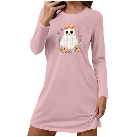 Costeam Womens Halloween Ghost Bow Graphic Nightgown Casual Spooky Floral Cobweb Print Long Sleeve Crew Neck Straight Hem Loose Fit Sleepshirt Soft Relaxed Nightwear Loungewear Pullover Home Dress
