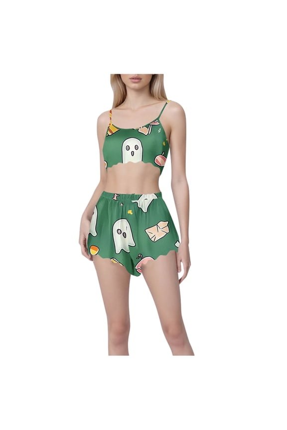 Womens Halloween Ghost Print Spaghetti Strap Pajama Set No Side Pocket Elastic Waist 2 Piece Loungewear Sleepwear Home Outfit