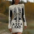 thumbnail image 1 of Costeam Womens Halloween Skeleton Print Bodycon Mini Dress Crew Neck Long Sleeve Floral Lace Detail Gothic Slim Fit Party Club Short Costume Dresses, 1 of 5