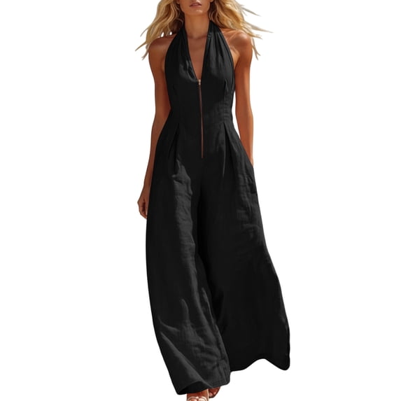 Costeam Womens Halter Neck Front Zip Linen Blend Jumpsuit Sleeveless Wide Leg Full Length with Side Hidden Pockets Relaxed Fit Solid Color Casual Beach Romper Multi Color