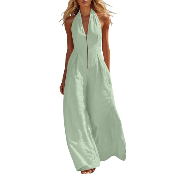 Costeam Womens Halter Neck Front Zip Linen Blend Jumpsuit Sleeveless Wide Leg Full Length with Side Hidden Pockets Relaxed Fit Solid Color Casual Beach Romper Multi Color