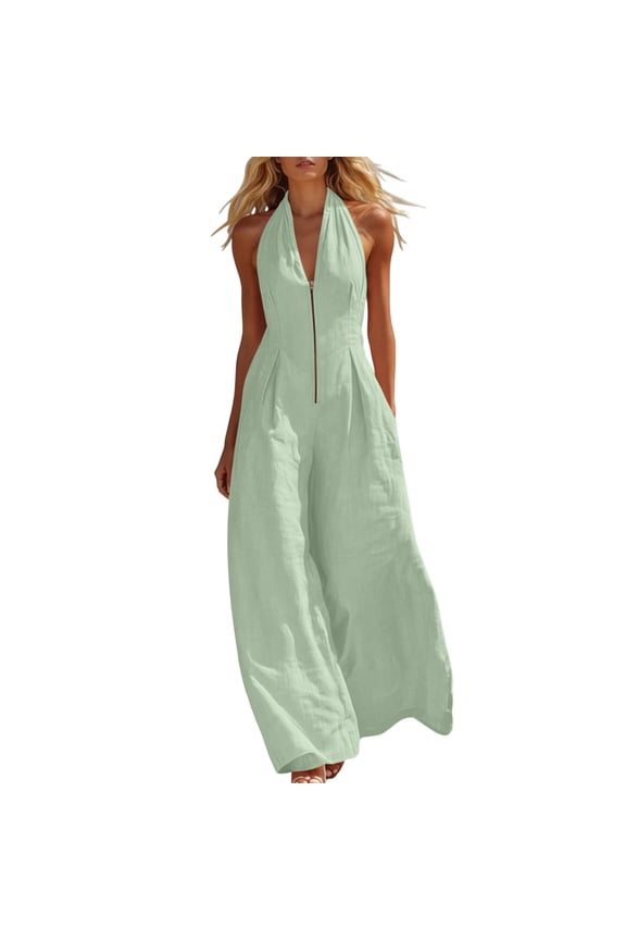 Womens Halter Neck Front Zip Linen Blend Jumpsuit Sleeveless Wide Leg Full Length with Side Hidden Pockets Relaxed Fit Solid Color Casual Beach Romper Multi Color