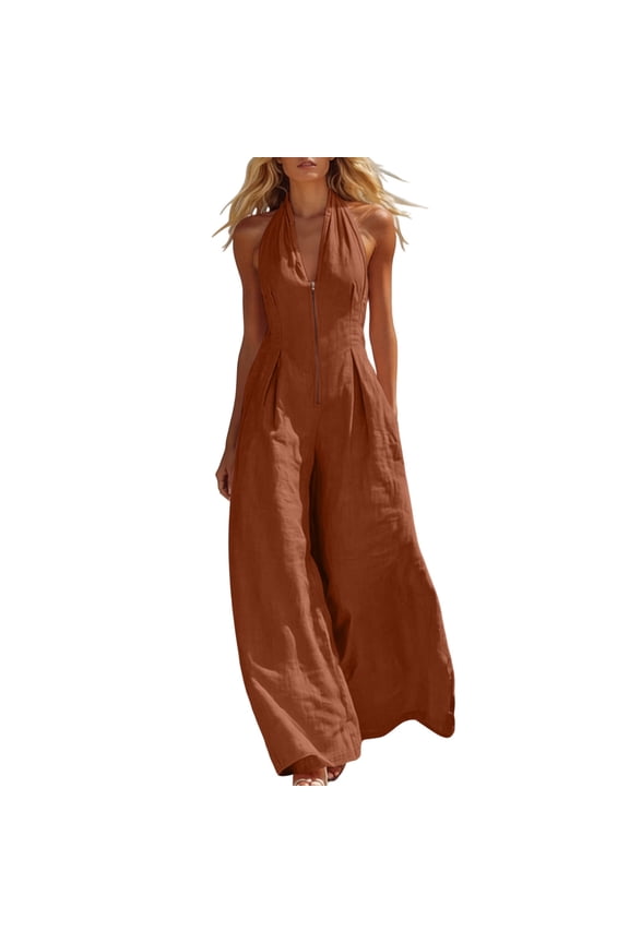 Womens Halter Neck Front Zip Linen Blend Jumpsuit Sleeveless Wide Leg Full Length with Side Hidden Pockets Relaxed Fit Solid Color Casual Beach Romper Multi Color