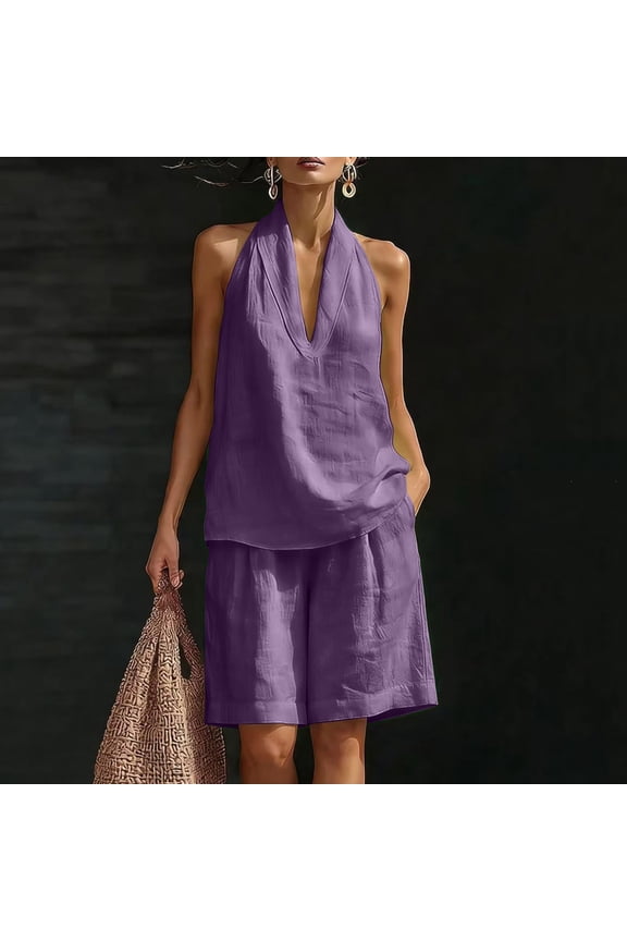 Womens Halter V Neck Short and Capri Pants Two Piece Outfit Lightweight Linen Blend Loose Fit Solid Color Casual Summer Co Ord Set