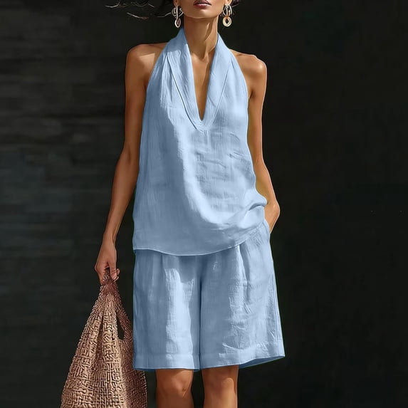 Costeam Womens Halter V Neck Short and Capri Pants Two Piece Outfit Lightweight Linen Blend Loose Fit Solid Color Casual Summer Co Ord Set