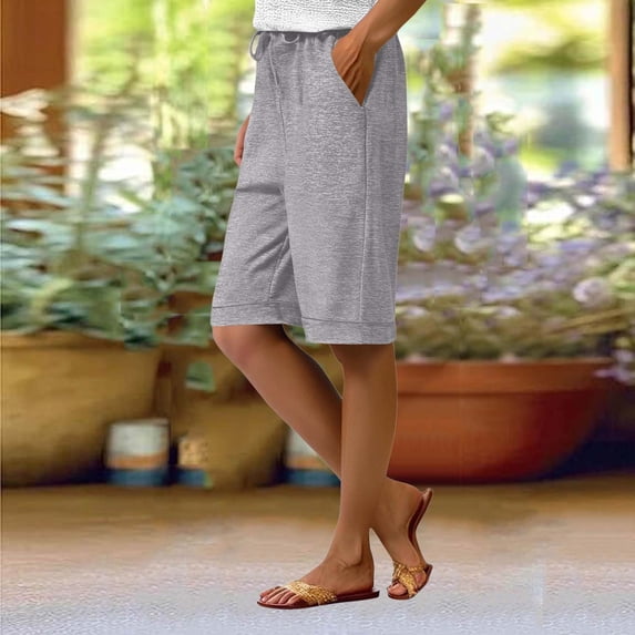 Costeam Womens Heather Jersey Knit Bermuda Lounge Shorts Dual Side Slant Hand Pockets Adjustable Drawstring Elastic High Waist Cuffed Hem Loose Fit Mid Knee Casual Sleep Short Pants