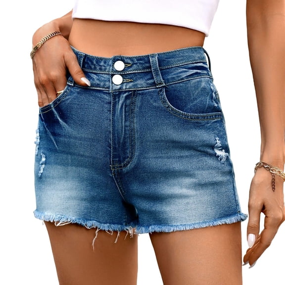 Costeam Womens High Rise Dual Button Distressed Denim Shorts Raw Frayed Hem Classic Five Pocket Gradient Washed Stretch Denim Fabric Casual Summer Jean Short Bottoms