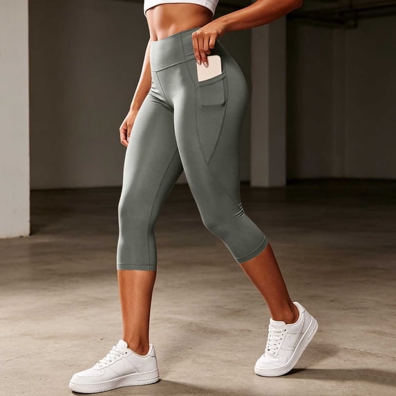 Costeam Womens High Waist Capri Yoga Pants Dual Side Phone Pockets Tummy Control 4 Way Stretch Non See Through Compression Athletic Workout Running Leggings