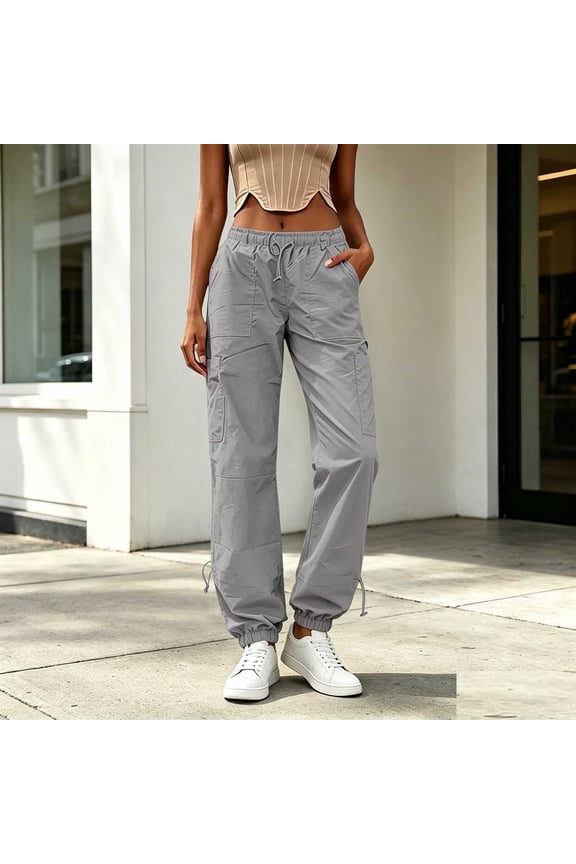 Womens High Waist Elastic Drawstring Waist Lightweight Parachute Cargo Pants Multi Functional Pockets Adjustable Cuffed Ankle Loose Fit Casual Streetwear Trousers