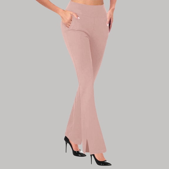 Costeam Womens High Waist Flare Pants Split Hem Side Pockets Elastic Waist Solid Color Slim Fit Casual Bell Bottom Trousers