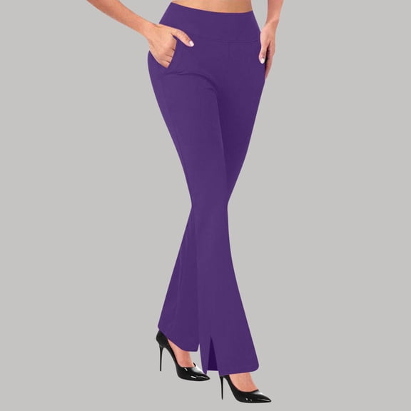 Costeam Womens High Waist Flare Pants Split Hem Side Pockets Elastic Waist Solid Color Slim Fit Casual Bell Bottom Trousers