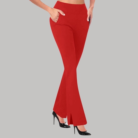 Costeam Womens High Waist Flare Pants Split Hem Side Pockets Elastic Waist Solid Color Slim Fit Casual Bell Bottom Trousers