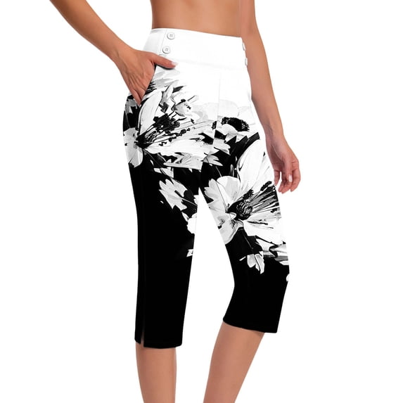 Costeam Womens High Waist Gradient Color Capri Pants with Side Buttons and Pockets Casual Slim Fit Cropped Trousers