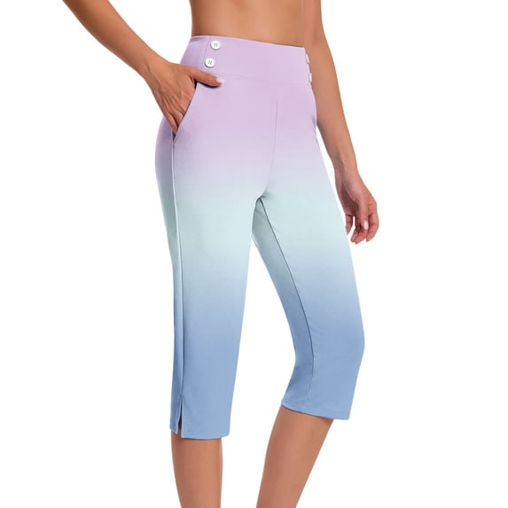 Costeam Womens High Waist Gradient Color Capri Pants with Side Buttons and Pockets Casual Slim Fit Cropped Trousers