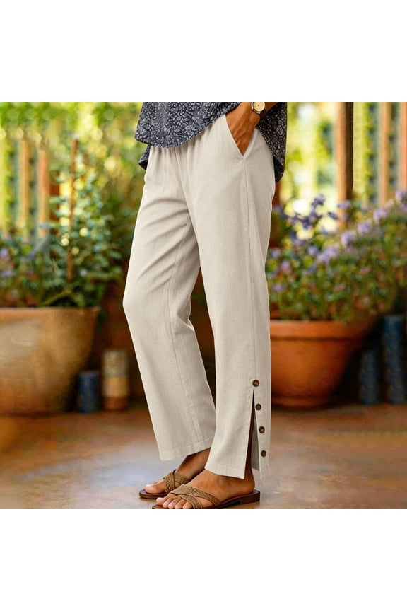 Womens High Waist Straight Leg Pants Side Button Split Hem Detail Side Slip Pockets Stretch High Waist Wrinkle Resistant Loose Full Length Casual Trousers