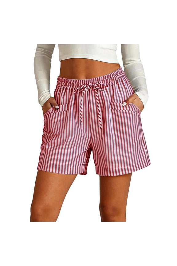 Womens High Waist Striped Drawstring Shorts Classic Stripe Pattern Lightweight Breathable Fabric Side Pockets Elastic Drawstring Waist Relaxed Loose Fit Summer Casual Short Bottoms
