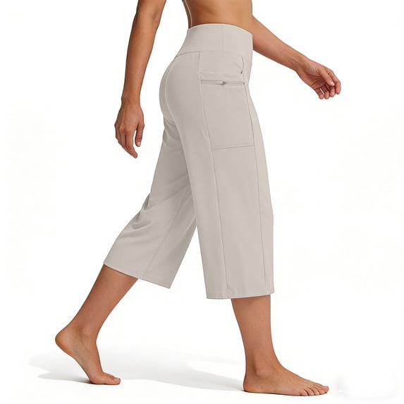 Costeam Womens High Waist Wide Leg Capri Pants Dual Side Pockets Quick Dry Four Way Stretch Fabric Loose Fit Yoga Workout Gym Daily Casual Cropped Trousers