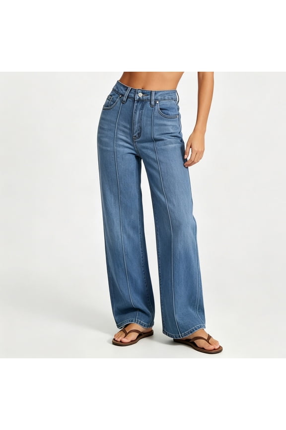 Womens High Waist Wide Leg Jeans Front Seam Detail Straight Leg Denim Pants Button Zipper Fly with Pockets Vintage Washed Casual Daily Bottoms