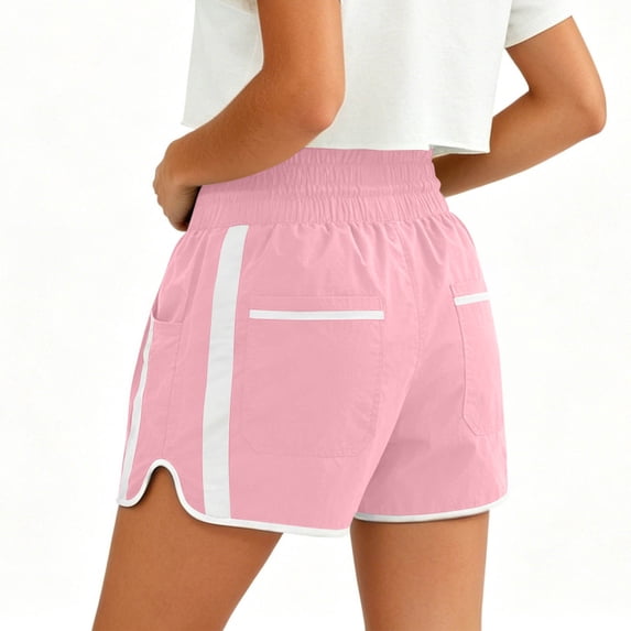 Costeam Womens High Waisted Athletic Shorts Drawstring Casual with Side Pockets Elastic Waist Side Stripe Dolphin Hem Workout Running Short Pants Lightweight Quick Dry Lounge Shorts