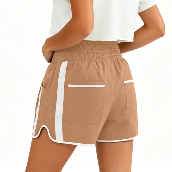 Costeam Womens High Waisted Athletic Shorts Drawstring Casual with Side Pockets Elastic Waist Side Stripe Dolphin Hem Workout Running Short Pants Lightweight Quick Dry Lounge Shorts