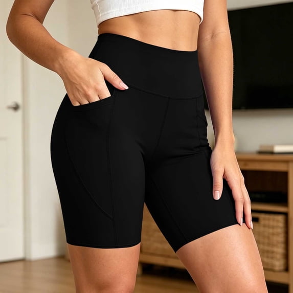 Costeam Womens High Waisted Deep Side Pocket Biker Shorts Wide Elastic Tummy Control Waist Buttery Soft Quick Dry Four Way Stretch Breathable Yoga Running Athletic Lounge Bottoms