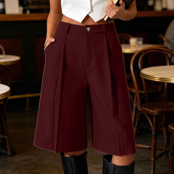 Costeam Womens High Waisted Front Pleated Wide Leg Bermuda Shorts with Side Slant Pockets Button Zip Belt Loops Wrinkle Resistant Tailored Knee Length Dress Shorts