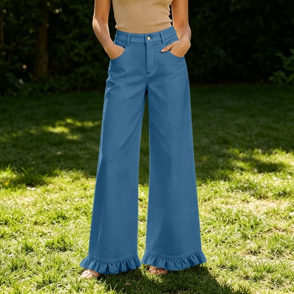 Costeam Womens High Waisted Wide Leg Pants Ruffle Flared Hem with Side Pockets Elastic Back Waist Loose Fit Solid Color Lightweight Soft Flowy Casual Full Length Trousers