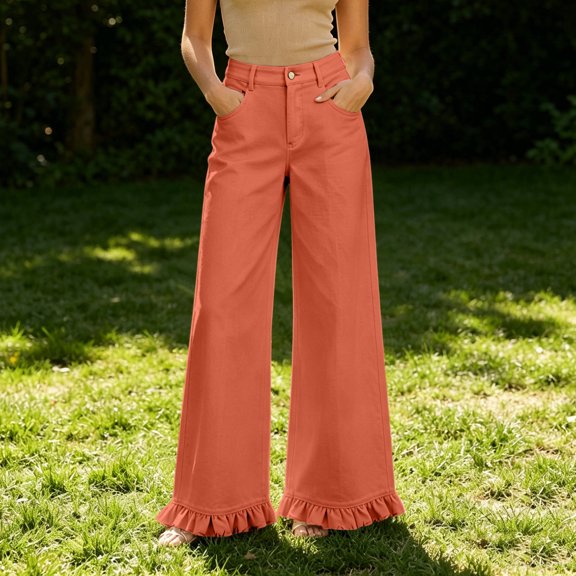 Costeam Womens High Waisted Wide Leg Pants Ruffle Flared Hem with Side Pockets Elastic Back Waist Loose Fit Solid Color Lightweight Soft Flowy Casual Full Length Trousers