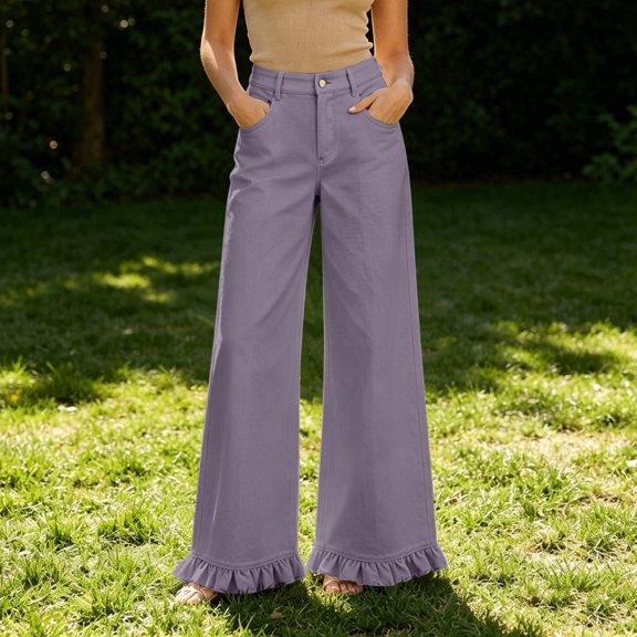 Costeam Womens High Waisted Wide Leg Pants Ruffle Flared Hem with Side Pockets Elastic Back Waist Loose Fit Solid Color Lightweight Soft Flowy Casual Full Length Trousers
