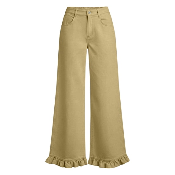 Costeam Womens High Waisted Wide Leg Pants Ruffle Flared Hem with Side Pockets Elastic Back Waist Loose Fit Solid Color Lightweight Soft Flowy Casual Full Length Trousers