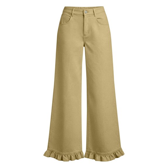 Costeam Womens High Waisted Wide Leg Pants Ruffle Flared Hem with Side Pockets Elastic Back Waist Loose Fit Solid Color Lightweight Soft Flowy Casual Full Length Trousers