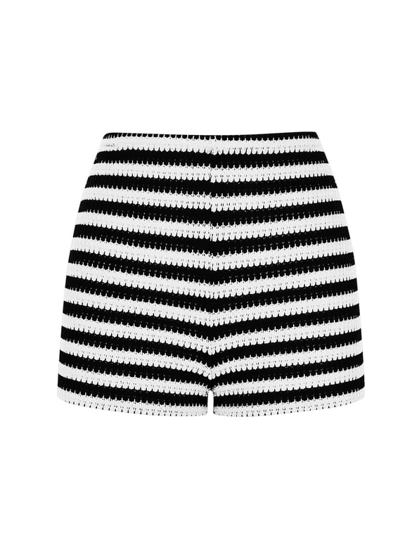 Womens Horizontal Striped Textured Knit Shorts High Rise Elastic Waist Slim Fit Stretch Breathable Lightweight Casual Workout Running Athletic Short Bottoms