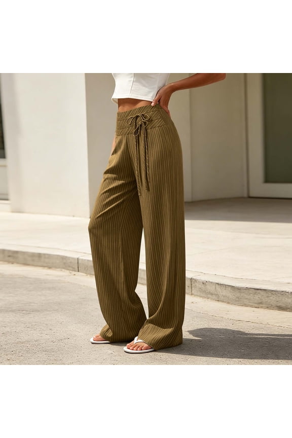 Womens Horizontal Striped Wide Leg Pants Wrap Tie Side High Waist Full Length Lightweight Wrinkle Friendly Loose Flowy Casual Vacation Trousers