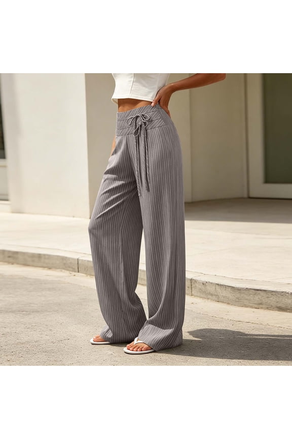Womens Horizontal Striped Wide Leg Pants Wrap Tie Side High Waist Full Length Lightweight Wrinkle Friendly Loose Flowy Casual Vacation Trousers