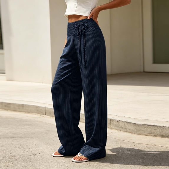 Costeam Womens Horizontal Striped Wide Leg Pants Wrap Tie Side High Waist Full Length Lightweight Wrinkle Friendly Loose Flowy Casual Vacation Trousers