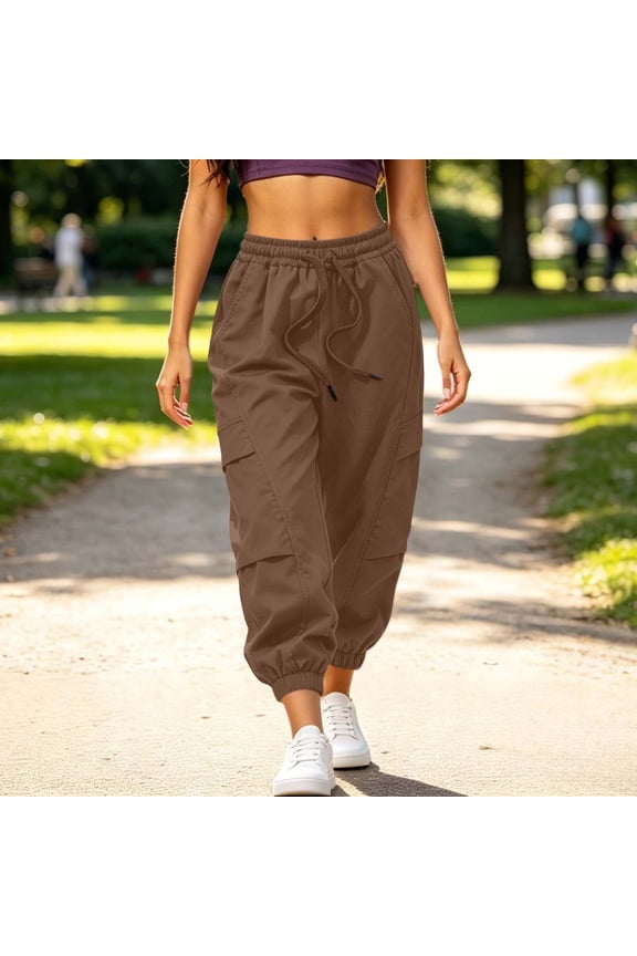Womens Jogger Pants Multi Flap Patch Pockets Drawstring Elastic High Waist Elastic Cuff Ankle Solid Color Loose Streetwear Athletic Trousers