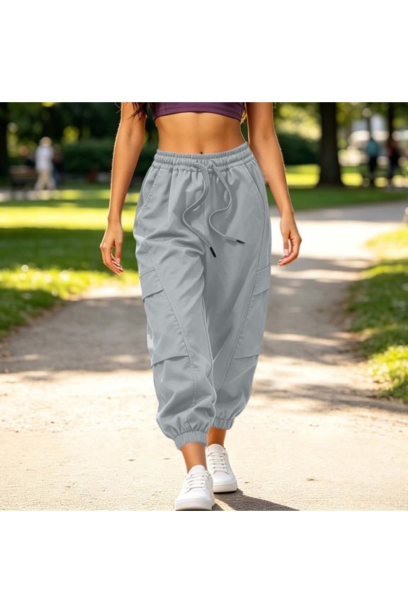 Womens Jogger Pants Multi Flap Patch Pockets Drawstring Elastic High Waist Elastic Cuff Ankle Solid Color Loose Streetwear Athletic Trousers