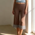 thumbnail image 1 of Costeam Womens Lace Trim Capri Pants Solid Color Straight Leg Elastic High Waist Casual Relaxed Fit Soft Breathable Cropped Trousers, 1 of 7